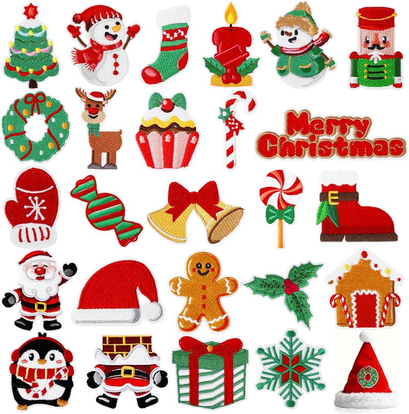 FOGWOWO 25 Pcs Green Red Christmas Patches Christmas Iron on Patches Stickers for Clothing Embroidered Applique Sew on Patch Xmas Tree Snowman Snowflake Stick on Patches for Backpacks Hats Bags DIY Decor - Image 1